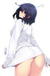  1girl arms_at_sides artist_name ass back bangs bare_legs black_hair blue_eyes bottomless breasts closed_mouth clothes_tug collared_shirt cowboy_shot dress_shirt eyebrows_visible_through_hair from_behind hair_between_eyes half-closed_eyes heart highres jjune legs_together long_sleeves looking_at_viewer looking_back medium_breasts naked_shirt original shirt shirt_tug short_hair simple_background sleeves_past_wrists smile solo standing white_background white_shirt 