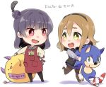  &gt;:d 2girls :d apron bangs black_hair blush brown_hair character_doll chibi di_gi_charat fang feathers gema hair_between_eyes hair_feathers hairband hand_on_hip izumi_kirifu kunikida_hanamaru long_sleeves looking_at_another love_live! love_live!_sunshine!! multiple_girls open_mouth pinstripe_pattern school_uniform serafuku side_bun simple_background smile sonic sonic_the_hedgehog standing standing_on_one_leg striped stuffed_toy tsushima_yoshiko uniform violet_eyes white_background yellow_eyes 