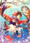  1girl air_bubble bell brown_hair bubble cherry_blossoms feet_bells fish fish_hair_ornament goldfish hair_ornament highres jingle_bell kagura_(onmyoji) kitsune looking_at_viewer onmyoji open_mouth parasol red_eyes short_hair sugarv sunlight torii umbrella underwater wide_sleeves 
