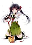  1girl ayumaru_(art_of_life) black_gloves black_hair blood blood_on_face bloody_clothes bow choker closed_eyes ebisuzawa_kurumi elbow_gloves fingerless_gloves floating_hair full_body gakkou_gurashi! gloves green_legwear green_skirt hair_bow hair_ribbon high-waist_skirt highres kneehighs long_hair looking_at_viewer meme_attire miniskirt red_eyes red_ribbon ribbon shirt shovel simple_background skirt solo thigh-highs twintails virgin_killer_outfit white_background white_shirt worktool 