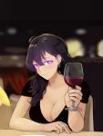  1girl alcohol beifeng_han black_hair blurry breasts cleavage closed_mouth collarbone cup depth_of_field drinking_glass earrings glowing glowing_eyes hair_over_shoulder highres jewelry large_breasts looking_at_viewer miyaura_sanshio original pink_eyes short_sleeves smile solo upper_body wine wine_glass 