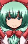  1girl bangs close-up commentary eyebrows_visible_through_hair face frilled_ribbon frills front_ponytail green_eyes green_hair hair_ribbon highres kagiyama_hina looking_at_viewer portrait red_ribbon ribbon smile solo tied_hair tottsuman touhou 