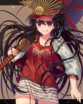  1girl bangs black_hair buster_shirt cowboy_shot demon_archer eyebrows_visible_through_hair fate/grand_order fate_(series) floating_hair grin hat highres holding holding_sword holding_weapon jacket koha-ace kuro_futoshi letterman_jacket long_hair looking_at_viewer military military_uniform oda_nobunaga_(swimsuit_berserker)_(fate) open_clothes open_jacket parted_lips peaked_cap red_eyes skirt smile solo sword uniform weapon 