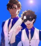  2boys arjuna_(fate/grand_order) aviator_sunglasses black_hair blue_sky clenched_hand dark_skin dark_skinned_male fate/grand_order fate_(series) fujimaru_ritsuka_(male) lens_flare looking_at_viewer male_focus matching_outfit multiple_boys necktie open_mouth short_hair signature sky sunglasses waistcoat 