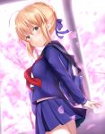  1girl ahoge artoria_pendragon_(all) bag blonde_hair blush braid cherry_blossoms fate/stay_night fate_(series) french_braid from_side green_eyes indoors maosame pleated_skirt saber school_uniform serafuku skirt smile solo window 