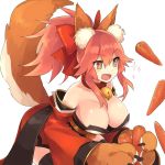  1girl animal_ears bell bell_collar blush bow breasts brown_eyes carrot cleavage collar collarbone eyebrows_visible_through_hair fate/grand_order fate_(series) food fox_ears fox_tail guwatefu hair_bow large_breasts looking_away open_mouth pink_hair red_bow short_hair short_ponytail smile solo sparkle tail tamamo_(fate)_(all) tamamo_cat_(fate) 