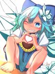  &gt;;) 1girl barefoot blue_bow blue_dress blue_eyes blue_hair blush bow dress flower furorina grin hair_between_eyes hair_bow heart heart_hands highres ice ice_wings looking_at_viewer puffy_short_sleeves puffy_sleeves short_sleeves smile solo squatting sunflower tanned_cirno touhou wings 