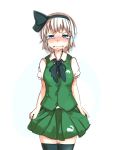  1girl bangs black_bow black_bowtie black_hairband black_legwear black_ribbon blue_eyes blunt_bangs blush bow bowtie collared_shirt cowboy_shot crying crying_with_eyes_open furorina green_skirt green_vest hair_ribbon hairband konpaku_youmu looking_at_viewer nose_blush parted_lips puffy_short_sleeves puffy_sleeves ribbon shirt short_hair short_sleeves silver_hair skirt skirt_set solo tears touhou vest wavy_mouth white_shirt 