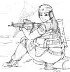  1girl ass assault_rifle body_armor fat foxfire gun headset highres kneeling looking_at_viewer looking_back military monochrome obese original rifle solo thick_thighs thighs thong weapon 