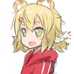  1girl :d animal_ears blonde_hair blush borrowed_character close-up commentary_request fang fukurou_(owl222) green_eyes hair_ornament hairclip lion_ears looking_at_viewer open_mouth original short_hair simple_background smile track_suit white_background 