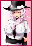  1girl absurdres agetama black_bullet black_necktie blush breasts collared_shirt fang fuse_midori hair_over_shoulder hat highres large_breasts long_hair long_sleeves looking_at_viewer necktie older parted_lips pink_eyes pink_hair shirt short_sleeves slit_pupils solo upper_body white_shirt witch_hat 