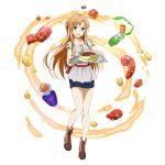  1girl :d asuna_(sao) black_skirt blush boots brown_boots brown_eyes brown_hair collarbone floating_hair full_body green_shirt grey_apron heart highres long_hair looking_at_viewer miniskirt open_mouth shirt short_sleeves skirt smile solo standing sword_art_online transparent_background very_long_hair 