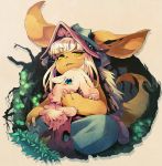  1girl animal_ears blue_eyes blush_stickers creature full_body furry glowing grass hand_on_own_knee hat highres horns long_hair looking_at_viewer made_in_abyss mitty_(made_in_abyss) nanachi_(made_in_abyss) open_mouth parted_lips silhouette sitting taiki_miyu tail whiskers white_hair yellow_eyes 