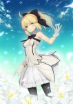  1girl :d ahoge arm_up armor_removed artoria_pendragon_(all) bare_shoulders black_legwear black_ribbon blonde_hair breasts clouds cowboy_shot detached_collar dress fate_(series) flower flush frills gloves green_eyes hair_ribbon highres jam_(nandade) layered_dress lily_(flower) long_hair medium_breasts open_mouth pantyhose petals ponytail ribbon saber saber_lily smile solo white_dress white_gloves 