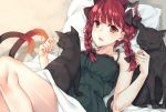  1girl animal animal_ears black_bow blush bow braid cat cat_ears cat_tail collarbone eyebrows_visible_through_hair hair_bow kaenbyou_rin looking_at_viewer lying on_back parted_lips red_eyes redhead rinarisa short_hair solo tail touhou twin_braids 