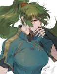  1girl absurdres blood breasts dress earrings fingerless_gloves fire_emblem fire_emblem:_rekka_no_ken fire_emblem_heroes gloves green_eyes green_hair high_ponytail highres jewelry long_hair lyndis_(fire_emblem) ponytail solo sword very_long_hair weapon 