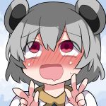  1girl ahegao animal_ears blush capelet double_v drooling full-face_blush grey_hair hammer_(sunset_beach) mouse_ears nazrin open_mouth red_eyes short_hair smile solo touhou upper_body v 