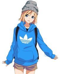  1girl adidas aqua_eyes backpack bag blonde_hair blue_hoodie dated hood hoodie jpeg_artifacts mirai_denki short_hair shorts simple_background solo white_background 