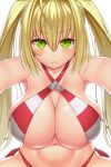  1girl :&lt; asamura_hiori bangs bikini blonde_hair blush breasts cleavage closed_mouth criss-cross_halter eyebrows_visible_through_hair fate/grand_order fate_(series) green_eyes hair_between_eyes halter_top halterneck highres large_breasts long_hair looking_at_viewer nero_claudius_(swimsuit)_(fate) red_bikini saber_extra simple_background solo striped striped_bikini swimsuit tsurime twintails white_background 