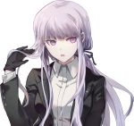  1girl black_gloves black_jacket black_ribbon dangan_ronpa dangan_ronpa_1 dress_shirt eyebrows_visible_through_hair gloves hair_ribbon hand_in_hair jacket kirigiri_kyouko looking_away open_clothes open_jacket open_mouth ponytail ribbon shirt silver_hair solo transparent_background uniform upper_body upper_teeth violet_eyes white_shirt 