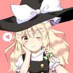  &gt;;) 1girl ;) blonde_hair blush bow braid buttons commentary hand_rest hat hat_bow head_rest head_tilt heart kirisame_marisa one_eye_closed puffy_short_sleeves puffy_sleeves self_shot short_sleeves side_braid single_braid smile solo spoken_heart touhou turtleneck vest wavy_hair witch_hat yellow_eyes yururi_nano 