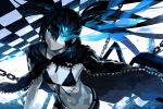  1girl absurdres belt black_bikini_top black_cloak black_hair black_rock_shooter black_rock_shooter_(character) black_shorts blue_eyes burning_eye chains checkered collarbone flat_chest floating_hair front-tie_bikini front-tie_top hair_between_eyes highres long_hair looking_at_viewer midriff scar short_shorts shorts solo stomach twintails unzipped very_long_hair 