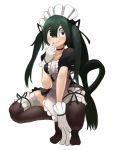  10s 1girl :&gt; apron arm_support asui_tsuyu black_eyes blush boku_no_hero_academia breasts commentary_request eyebrows_visible_through_hair frog_girl full_body garters gloves green_hair hair_between_eyes highres long_hair maid maid_apron maid_headdress medium_breasts puffy_sleeves short_sleeves simple_background smile solo sookmo squatting thigh-highs twintails very_long_hair white_background 