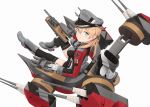  1girl black_legwear blonde_hair blue_eyes fuyube_gin_(huyube) gloves hair_between_eyes hat kantai_collection long_hair long_sleeves low_twintails machinery military military_uniform peaked_cap prinz_eugen_(kantai_collection) simple_background smile solo thigh-highs turret twintails uniform white_background white_gloves 