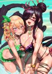  2girls absurdres bikini black_bikini black_hair blonde_hair blush bracelet breasts brooch character_request choker cleavage eyepatch green_bikini hair_bun hair_ornament hair_stick highres jewelry large_breasts long_hair looking_at_viewer multiple_girls nail_polish necklace open_mouth partially_submerged red_eyes smile suisogenshi swimsuit thigh_strap violet_eyes water wet 