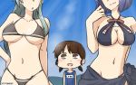  3girls :d arms_behind_back bikini black_bikini blue_sky blush breast_awe breasts brown_eyes brown_hair commentary dated day green_hair halterneck hamu_koutarou hand_on_hip highres kantai_collection large_breasts long_hair low_twintails multiple_girls name_tag navel nose_blush open_mouth out_of_frame purple_hair saliva sarong school_swimsuit shirayuki_(kantai_collection) short_twintails sky smile suzuya_(kantai_collection) swimsuit tatsuta_(kantai_collection) twintails 