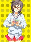  1girl ;3 ;q brown_eyes brown_hair clothes_writing cowboy_shot double_v dress_shirt glasses hair_between_eyes jewelry jpeg_artifacts mirai_denki necklace one_eye_closed polka_dot polka_dot_background red-framed_eyewear red_skirt seto_ferb shirt skirt solo sweater tokyo_7th_sisters tongue tongue_out untucked_shirt v yellow_background 