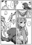  2girls afterimage animal_ears chewing comic crossover eating elbow_gloves food gloves godzilla godzilla_(series) golden_snub-nosed_monkey_(kemono_friends) greyscale hairband highres holding holding_food japari_bun kemono_friends kishidashiki long_hair looking_at_another lying monkey_ears monochrome multiple_girls on_stomach personification ponytail shin_godzilla short_hair smile tail translation_request 