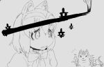  1girl amaterasu animal_ears bow brush_stroke common_raccoon_(kemono_friends) grey_background greyscale issun kemono_friends monochrome ookami_(game) puffy_short_sleeves puffy_sleeves raccoon_ears sad short_hair short_sleeves simple_background torigoshi_crow upper_body wolf 