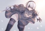  1girl black_dress black_gloves black_hairband blindfold breasts dress gloves hairband highres holding holding_sword holding_weapon long_sleeves nier_(series) nier_automata short_hair sword thigh-highs weapon white_hair yorha_no._2_type_b yorukun 