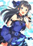  1girl black_hair blue_dress blue_eyes blurry blush bow breasts cleavage commentary_request depth_of_field dress feathers flower hair_flower hair_ornament highres idolmaster idolmaster_million_live! long_hair microphone mogami_shizuka open_mouth solo yuru_mame 