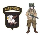  2girls :d animal_helmet black_hair blonde_hair blush_stickers boots brown_boots brown_coat brown_eyes character_request coat common_raccoon_(kemono_friends) emblem english explosive fang green_pants grenade gun head_wings helmet holding holding_gun holding_weapon kemono_friends long_hair machine_gun military military_uniform multicolored_hair multiple_girls open_mouth pants profile roonhee sketch smile soldier standing trigger_discipline two-tone_hair uniform weapon white_background white_hair yellow_eyes 