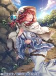  1girl cape day dress fire_emblem fire_emblem:_mystery_of_the_emblem floating_hair forest from1girl fumi_(butakotai) hair_between_eyes holding holding_staff indoors lens_flare long_dress long_hair looking_back nature outdoors red_eyes redhead solo sparkle staff tree white_cape white_dress 
