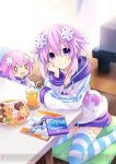  1girl arm_support character_doll closed_mouth cookie d-pad food full_body glass hair_ornament hood hoodie juice looking_at_viewer looking_back neptune_(choujigen_game_neptune) neptune_(series) open_mouth purple_hair shin_jigen_game_neptune_vii short_hair sitting sketch smile thigh-highs tsunako violet_eyes zettai_ryouiki 