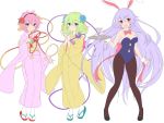  3girls :d alternate_costume animal_ears bangs bare_shoulders blush bow bowtie breasts brown_legwear bunnysuit cleavage closed_eyes cup detached_collar drinking_glass flower full_body green_eyes green_hair grey_eyes hair_between_eyes hair_flower hair_ornament hairband hand_on_own_chest hands_together hayama_eishi heart heart_hair_ornament high_heels holding holding_tray japanese_clothes kimono komeiji_koishi komeiji_satori long_hair long_sleeves looking_at_viewer medium_breasts multiple_girls obi open_mouth own_hands_together pantyhose pink_bow pink_eyes pink_hair pink_kimono rabbit_ears red_bow red_bowtie red_eyes reisen_udongein_inaba sandals sash short_hair siblings simple_background smile standing tabi third_eye touhou tray very_long_hair white_background white_legwear wide_sleeves work_in_progress wrist_cuffs yellow_kimono zouri 
