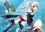  1girl au_ra blue_eyes catfish detached_sleeves dragon_girl dragon_horns dragon_tail final_fantasy final_fantasy_xiv fish hisato_ar horns long_hair looking_at_viewer midriff navel otter scales silver_hair solo swimming tail thigh-highs underwater 