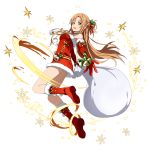  1girl :d asuna_(sao) boots box brown_eyes brown_hair choker dress elbow_gloves floating_hair full_body gift gift_bag gift_box gloves hair_ribbon highres long_hair looking_at_viewer open_mouth red_boots red_dress red_gloves ribbon santa_boots santa_costume santa_gloves short_dress sleevless_dress smile solo strapless strapless_dress striped striped_ribbon sword_art_online transparent_background tube_dress very_long_hair 