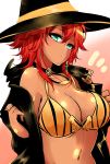  1girl agetama bare_shoulders blush bra breasts cleavage closed_mouth coat dark_skin green_eyes hair_between_eyes hat highres large_breasts long_hair looking_at_viewer navel open_clothes open_coat original redhead solo stomach underwear undressing upper_body witch witch_hat yellow_bra 