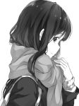  1girl adjusting_scarf coat enpera from_side light_smile mirai_denki monochrome original profile scarf simple_background solo sweater 