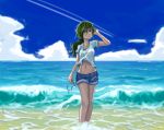  1girl bandaid bandaid_on_nose clouds dailuo glasses glasses_removed green_eyes green_hair looking_at_viewer midriff ocean outdoors ponytail shirt short_shorts short_sleeves shorts sky solo standing tessou_tsuzuri to_aru_kagaku_no_railgun to_aru_majutsu_no_index white_shirt 