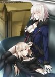  2girls ahoge artoria_pendragon_(all) asakura_kukuri bangs black_dress black_legwear blush breasts cleavage clenched_teeth collarbone couch cross cross_necklace dress fate/grand_order fate_(series) from_side fur_trim hair_ribbon highres jacket jeanne_alter jewelry lap_pillow large_breasts looking_at_viewer looking_to_the_side low_ponytail medium_breasts multiple_girls navel necklace open_clothes open_jacket platinum_blonde ribbon ruler_(fate/apocrypha) saber_alter self_fondle short_dress silver_hair sitting smile strapless teeth thigh-highs tubetop yellow_eyes 