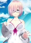  1girl against_glass bangs black-framed_eyewear blue_sky blush breast_press breasts clouds cloudy_sky collarbone covered_navel day fate/grand_order fate_(series) glasses hair_over_one_eye hands_up highres hood hoodie large_breasts lavender_hair light_rays light_smile looking_at_viewer ocean open_clothes open_hoodie outdoors parted_lips purple_hair shielder_(fate/grand_order) short_hair sky sleeves_past_wrists solo sunbeam sunlight swimsuit upper_body violet_eyes white_swimsuit yukichi_(eikichi) 
