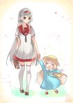  2girls ^_^ ^o^ alternate_costume brown_eyes brown_shoes closed_eyes dress dual_persona hat headband kantai_collection kindergarten_uniform long_hair long_sleeves multiple_girls open_mouth red_shoes sensen shoes short_sleeves shoukaku_(kantai_collection) smile thigh-highs white_dress white_hair white_legwear yellow_hat 