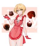  10s 1girl apron artist_name blonde_hair blush cake chocolate_cake chungu cupcake food gloves green_eyes happy_valentine heart_apron idolmaster idolmaster_cinderella_girls lava_cake looking_at_viewer miyamoto_frederica naked_apron red_gloves short_hair smile solo sparkle striped valentine vertical-striped_apron vertical_stripes 