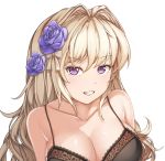  1girl blonde_hair bra breasts cleavage flower hair_flower hair_intakes hair_ornament hallohi highres lace lace-trimmed_bra large_breasts long_hair looking_at_viewer original red_eyes smile solo underwear upper_body violet_eyes white_background 