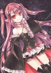  1girl black_boots black_dress boots choker copyright_name detached_sleeves dress dutch_angle fang_out flat_chest floating_hair fujiwara_minaho gluteal_fold hair_between_eyes hair_ornament highres krul_tepes layered_dress long_hair owari_no_seraph pink_hair pointy_ears red_eyes red_ribbon ribbon short_dress sleeveless sleeveless_dress smile solo standing thigh-highs thigh_boots twintails very_long_hair 